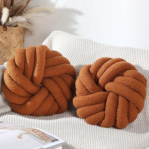 2 Pieces Knot Ball Pillows 14 x 14 Inch Decorative Pillow for Couch Bedroom Plush Throw Knot Pillow Soft Handmade Chair Cushion for Living Room Car Decorations (Caramel)