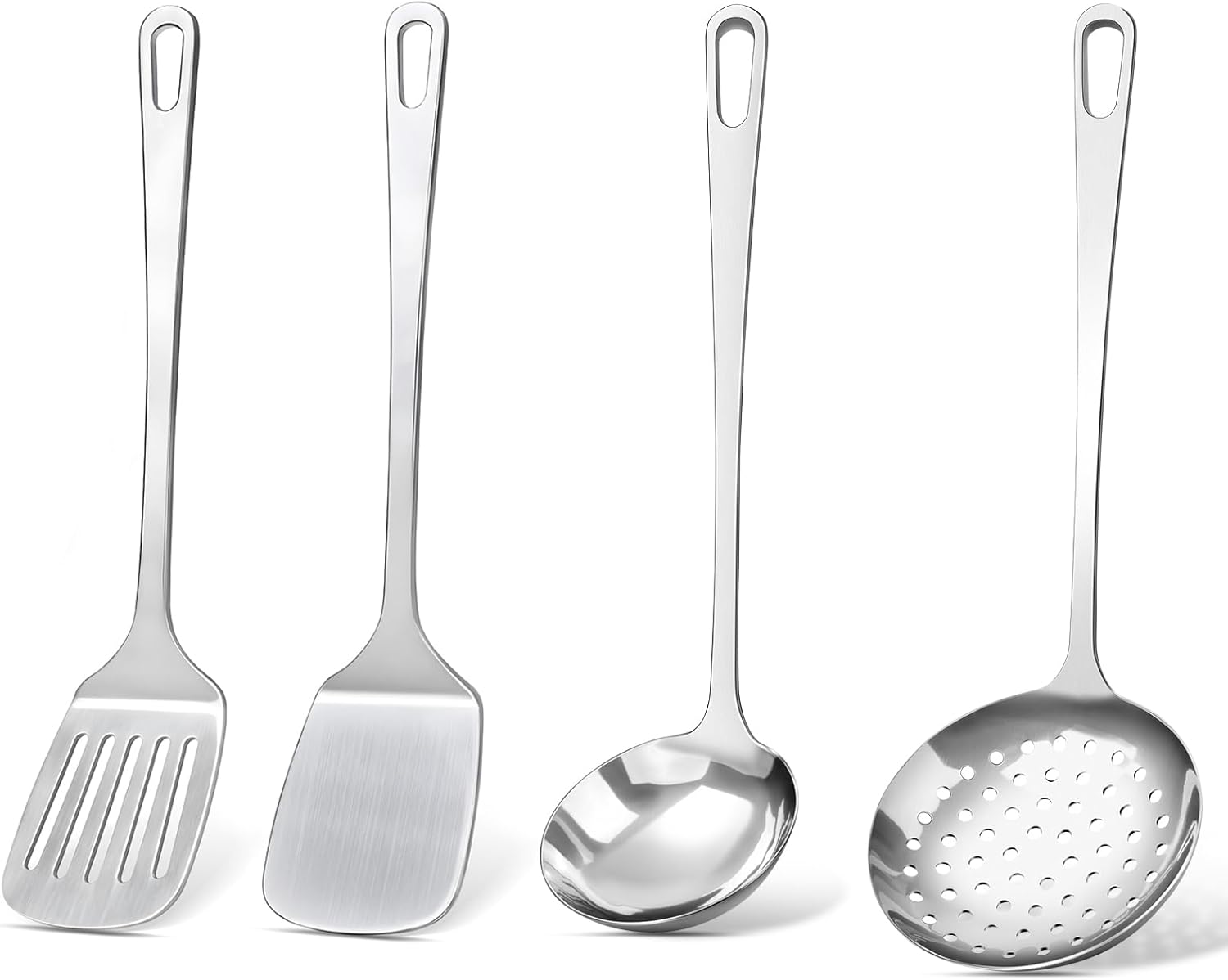 9 Pcs Cooking Utensils Set, Stainless Steel Kitchen Utensils, Heat Resistant Metal Kitchen Tools Include Solid & Slotted Turner Wok Spatula, Serving Spoon, Ladle, Pasta Server, Meat Fork, Tongs Silver