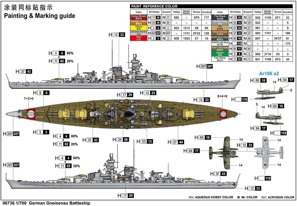 Trumpeter 1/700 German Navy Battleship Gneisenau Plastic Model 06736 Molded Color