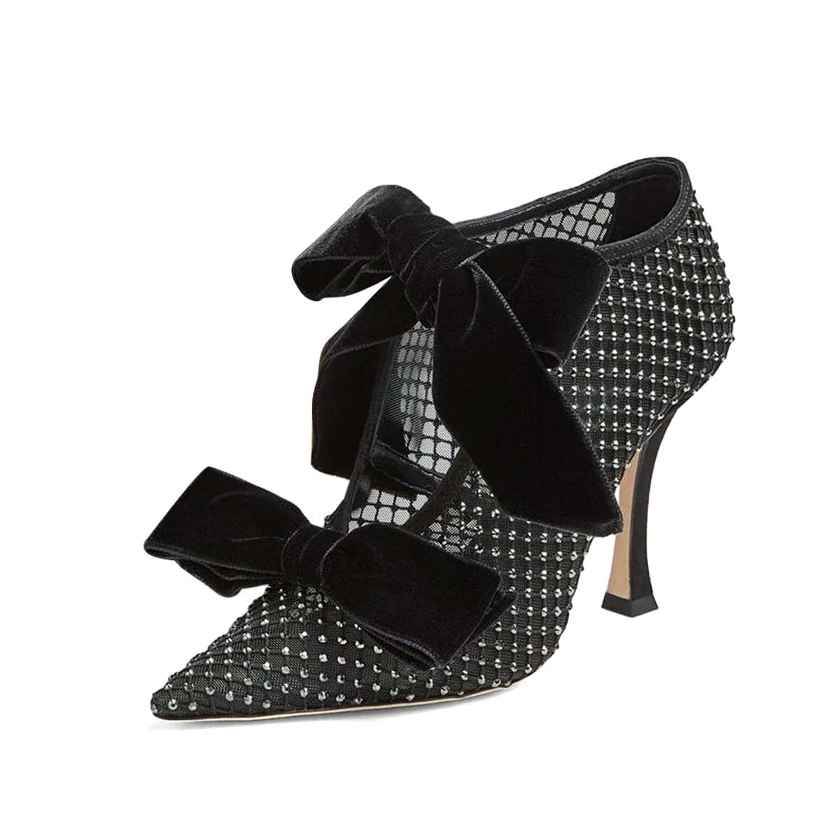 XYD Women Ankle Boots Mesh Cutout Crystals Pointed Toe High Heel Pumps Oversized Double Velvet Bows Evening Festive
