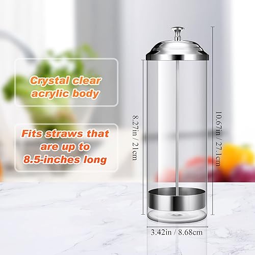 Miniatura 2 de Dispensador de paja de plástico y 100 piezas organizador de pajitas con tapa de acero inoxidable, soporte transparente para pajillas de plástico a