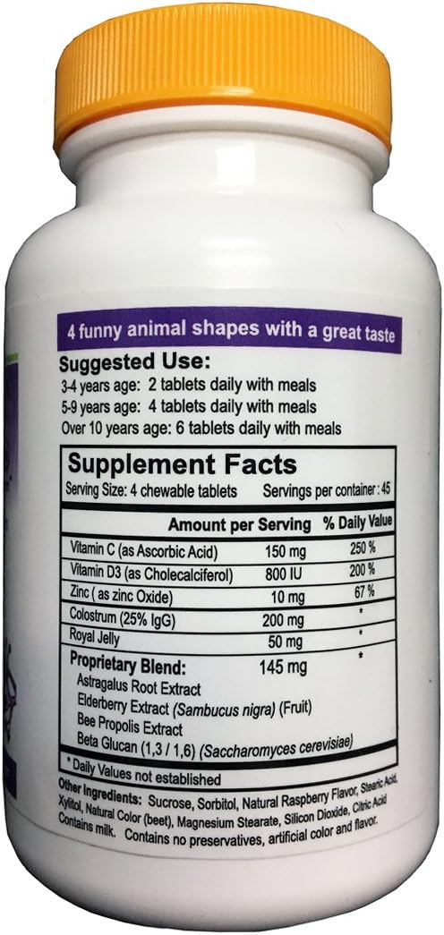 Kidmune Kids Immune Support Supplement - 180 Chewable Mini Tablets with Elderberry, Colostrum, Propolis, Beta Glucan, Astragalus, Vitamin C, D, Zinc - Fun 4 Animal Shapes!