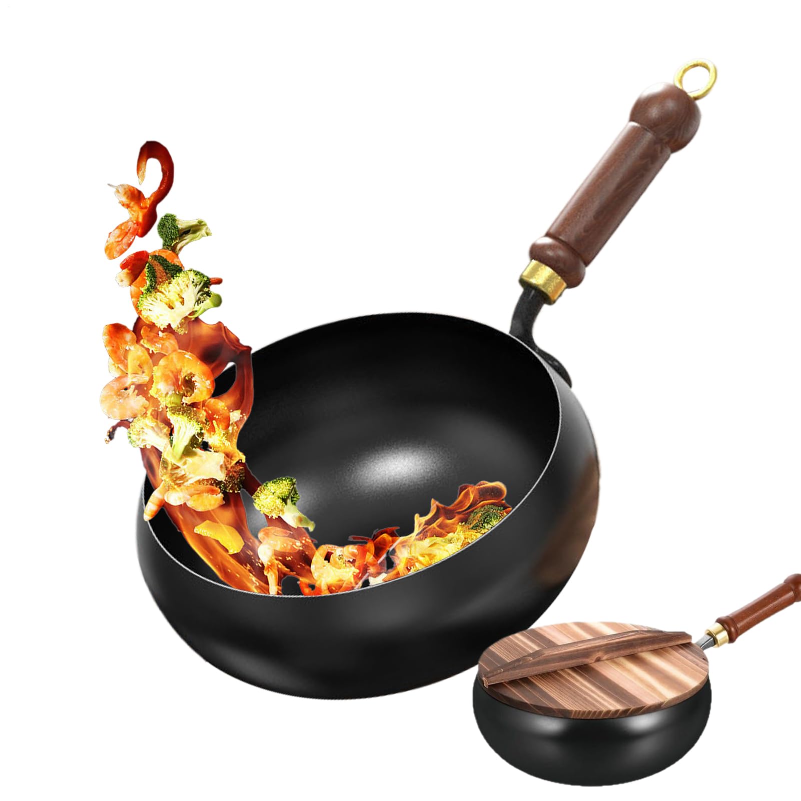 Wok cinese in ghisa fatto a mano, diametro 28 cm, padella antiaderente in ferro forgiato a mano, padella con coperchio e manico in legno, wok in ferro senza rivestimento, metodo tradizionale per stufe
