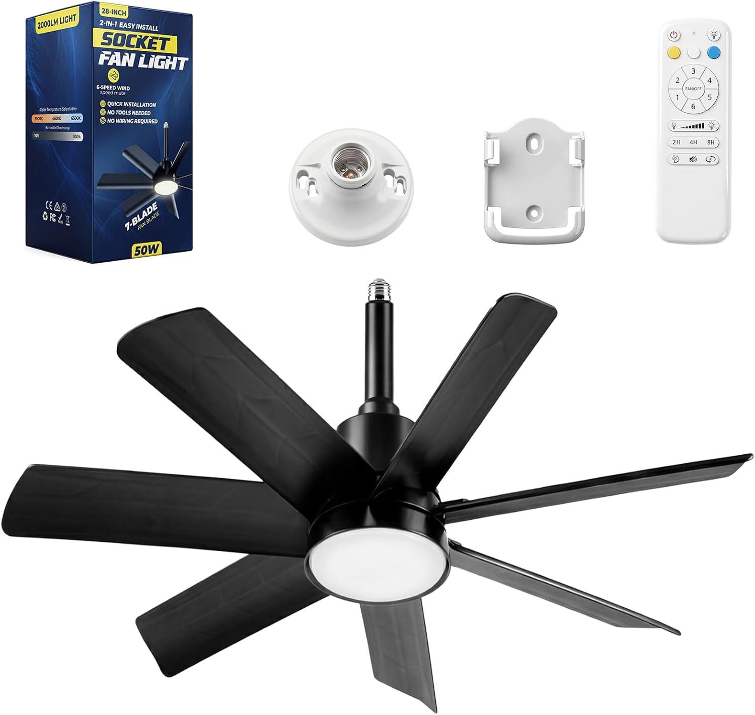 NWOP 28 Inch Socket Fan Light with Remote Control, Screw in E26/E27 Ceiling Fan with LED Light, 3000-6000K Adjustable Color Temp, 6 Speeds, Timer, for Bedroom Kitchen Living Room Garage, Black