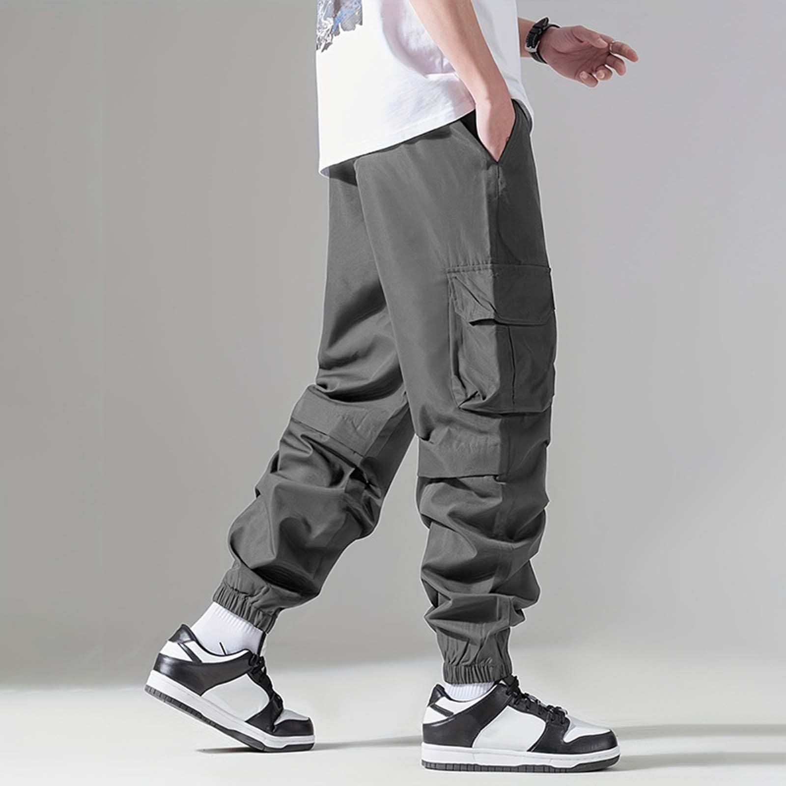 Pantalon Cargo Homme Taille Haute- Pantalons De Sport Palazzo Casual Couleur Unie Confortable Ample Multi-Poches Chic Streetwear De Tous Les Jours Polyvalent Pants pour Randonnée Pas Cher