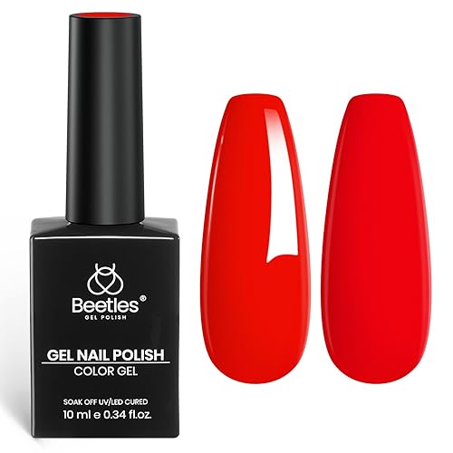 Beetles - Esmalte de uñas de gel rojo  0.3 fl oz (0.3 onzas líquidas), color rojo brillante, para remojar las uñas UV LED, esmalte de gel brillante