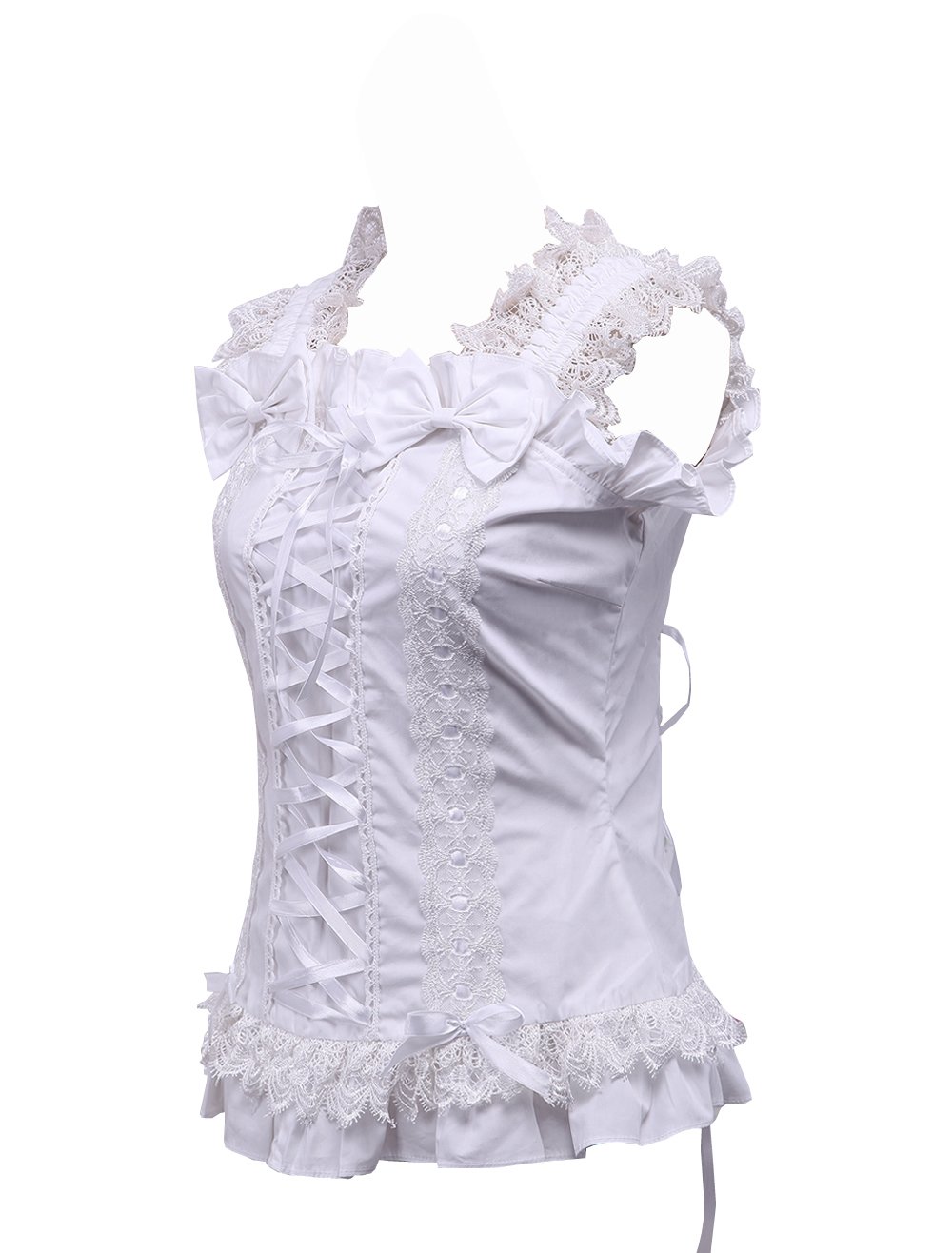 Antaina Weiß Baumwolle Rüsche Spitze Retro Viktorianisch Ärmellos Lolita Hemd Bluse,MEHRWEG