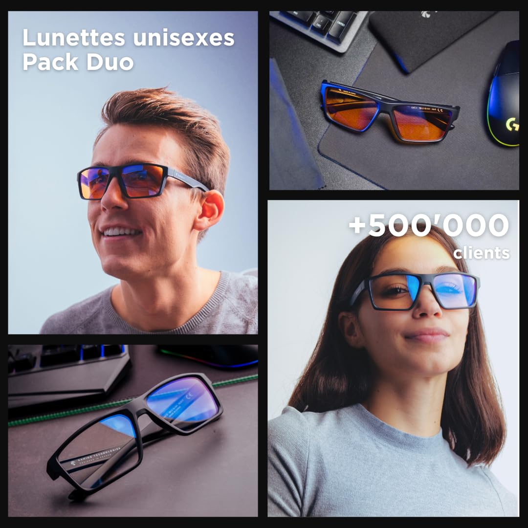 Horus X Lunettes Anti lumière Bleue Gaming et Bureau Homme Femme pour Ecran | Anti Fatigue & Migraine Oculaire | Pack Transparent + Ambré