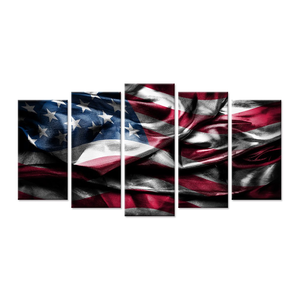 iHAPPYWALL Hello Artwork - USA American Flag Framed Canvas Print Vintage Flags Picture Paintings 5 Panel Giclee Artwork Stretched and Framed For Home Wall Decor (Large Size 60x32inch)