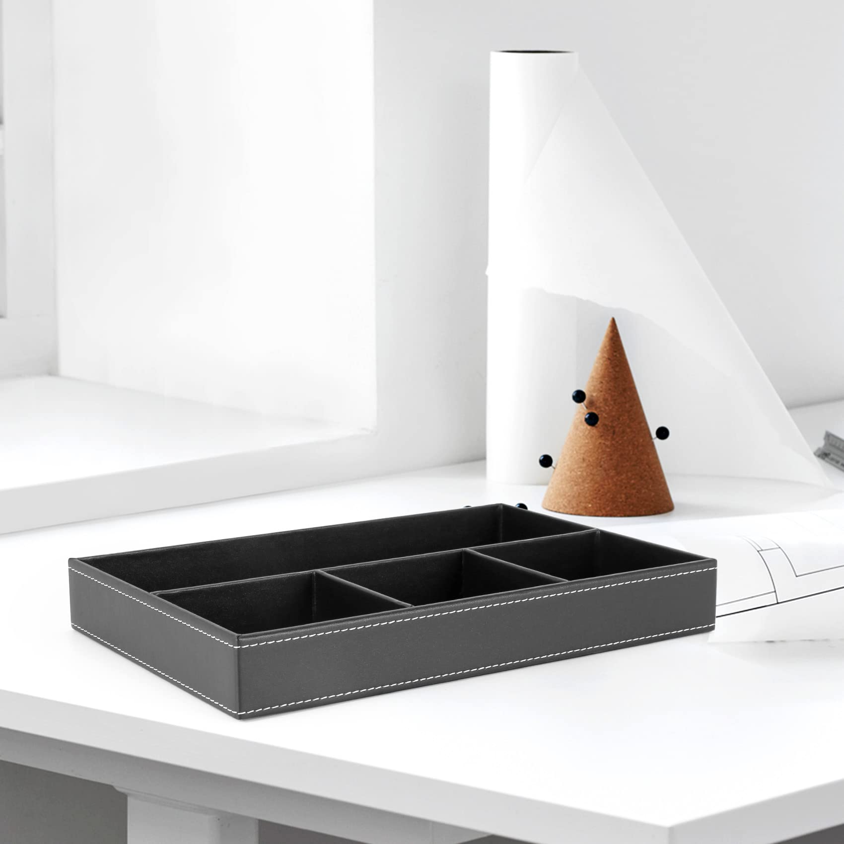 Organizer Per Cassetti Da Scrivania In Pelle PU: 4 Scomparti, 30.5x20.3x3.6 Cm, Nero - Per Ufficio, Casa, Trucchi, Gioielli