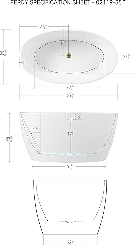 Miniatura 77 de FerdY Bali - Bañera de acrílico independiente, bañera de inmersión independiente con forma graciosa, certificado CUPC blanco brillante, drenaje