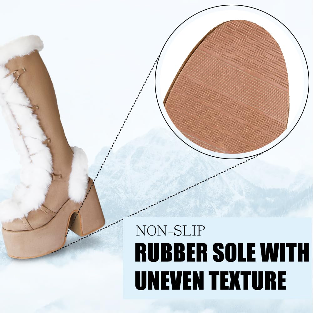 CELNEPHO Knee High Boots For Womens Side Zipper Warm Faux Fur Platform Chunky Heel Punk Goth Walking Winter Snow Boots: 5.5 A-apricot