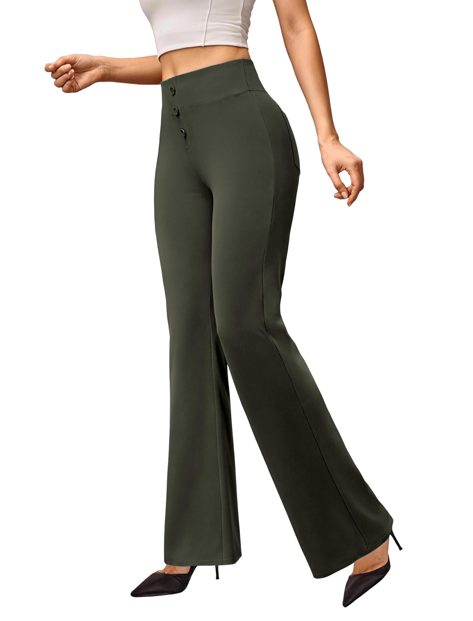 Friptspyg Hosen Damen Business Schlaghose mit Taschen Stretch Arbeits Hose High Waist Yogahose mit Knöpfe Für Freizeit Alltag Und Bewegung