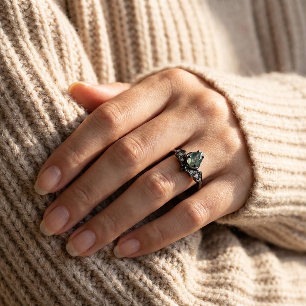 Natural Moss Agate Engagement Black Ring Set for Women Customizable 10K /14K /18K Solid Gold Gothic Promise Wedding Stacking Rings Free Engraving Size 4-15