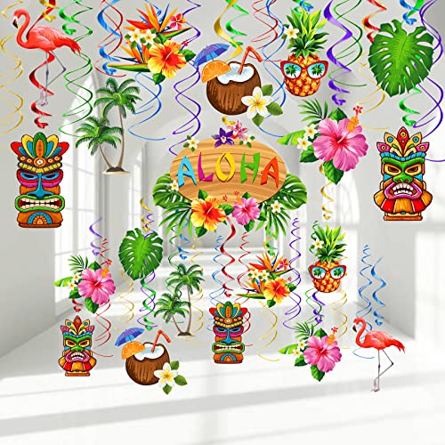 FRIDAY NIGHT 36pcs Luau Aloha Party Hanging Swirl Decorations Hawaiian Tropical Flower Palm Flamingo Sign Foil Ceiling Decor