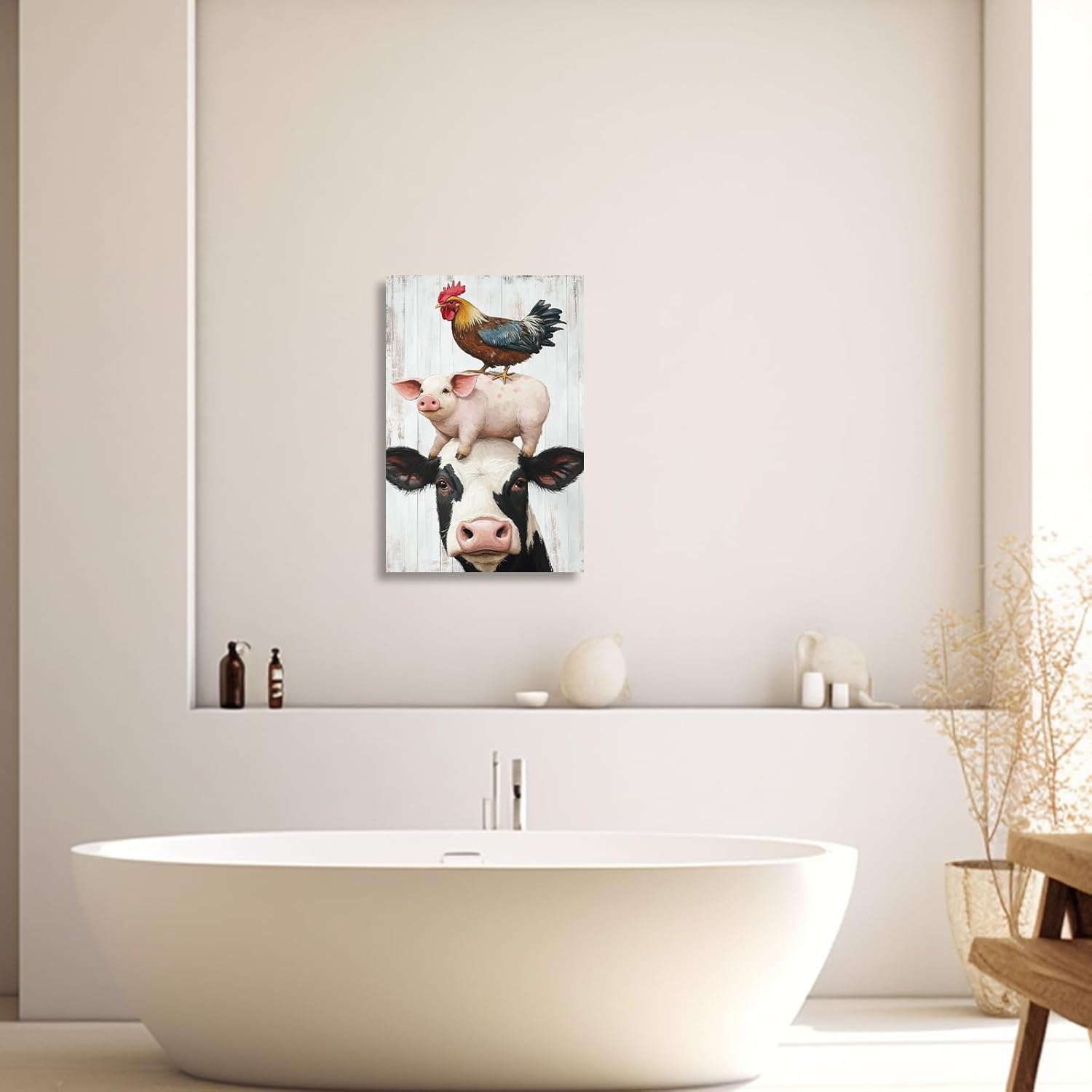 XLMDYYSW Farmhouse Wall Art Funny Cow Chicken Pig Picture Rustic Kitchen Canvas Print Vintage Farm Animals Painting for Living Room Bathroom Home Decor Framed (Brown, 18L x 12W)