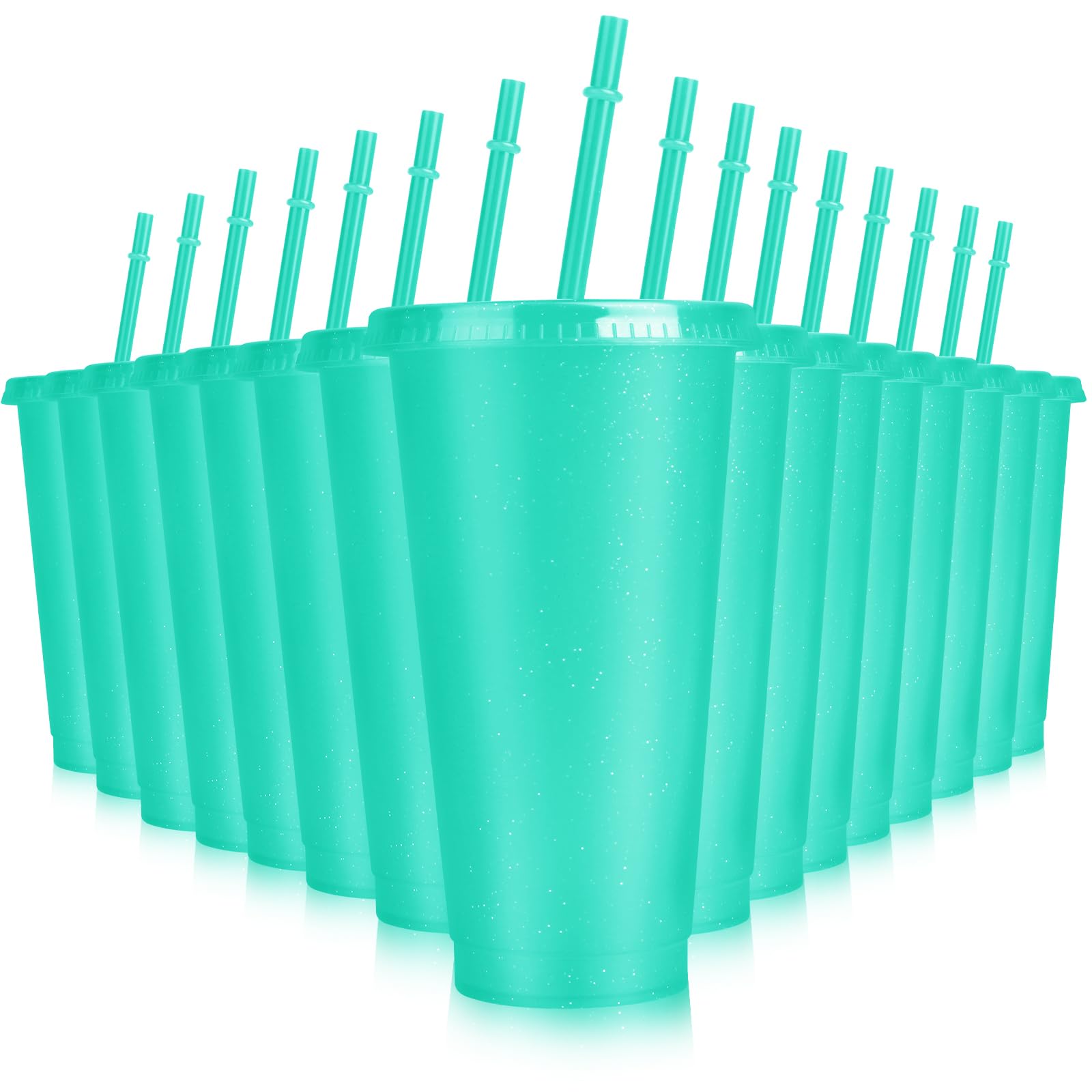 Hxezoc 16 bicchieri riutilizzabili con coperchio e cannucce, in plastica glitterata, da 680,4 g, tazze da caffè ghiacciato, tazze da viaggio per feste di compleanno, frullati, succhi di frutta, feste