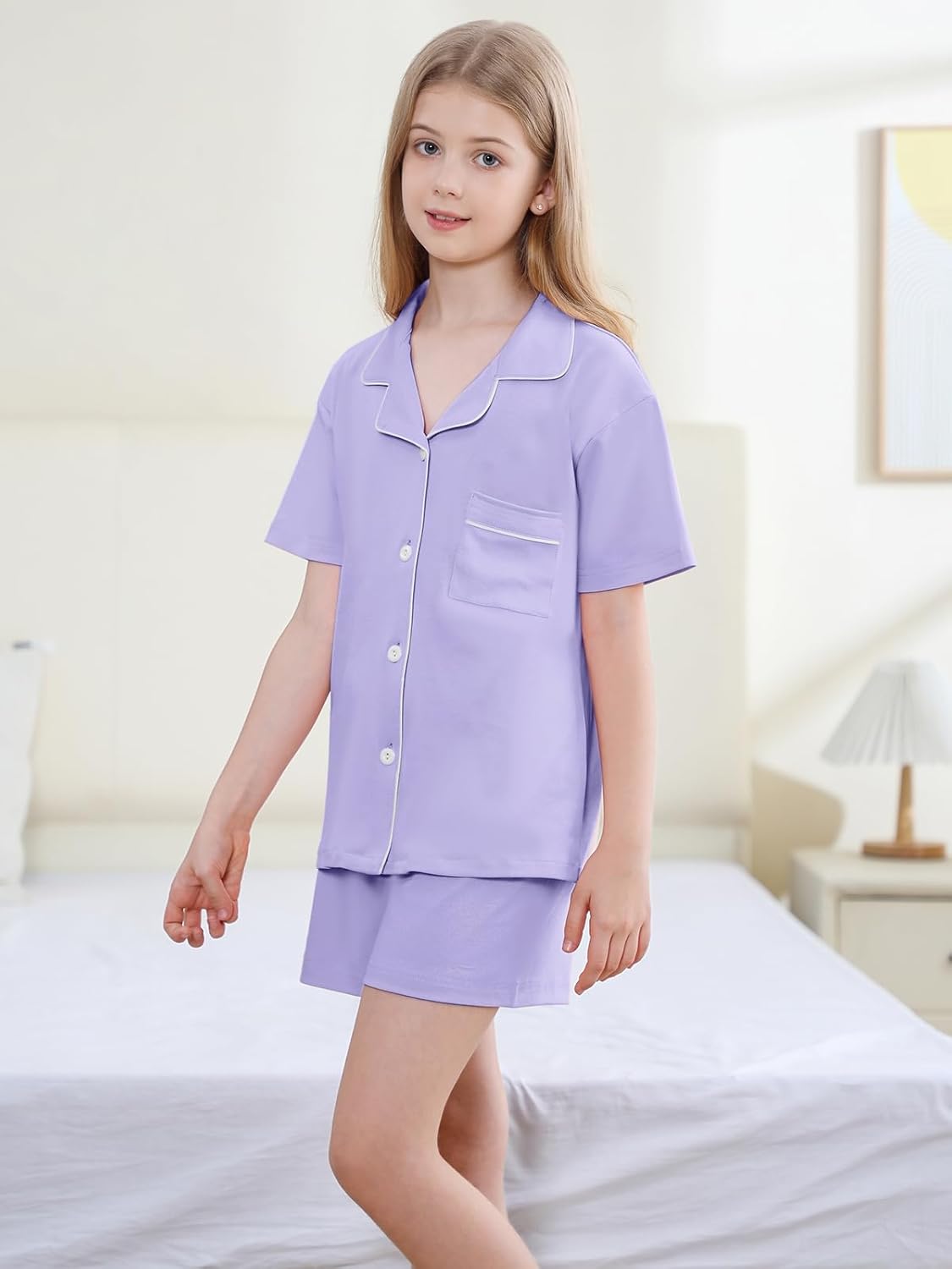 QZH.DUAO Girls & Women's Pajamas Set 100% Cotton PJ Set Button-Down Short Sleeve Sleepwear for Ages 5-14 - Image 3