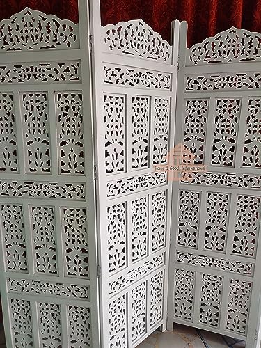 Image of Home & Goods International Wooden Room Divider Partition - Foldable Wood Screen Separator for Living Room, Bedroom, Office, Restaurant || Kangra Badrun Design, White (3 Panel)