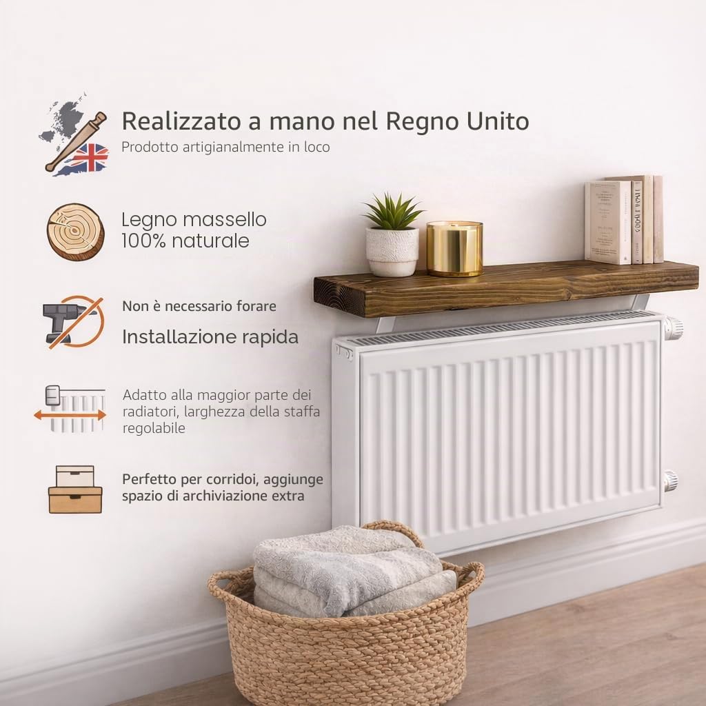MKGT Mensola per radiatore senza trapano, rustica, sottile, per corridoio (rovere Tudor, 60 cm)