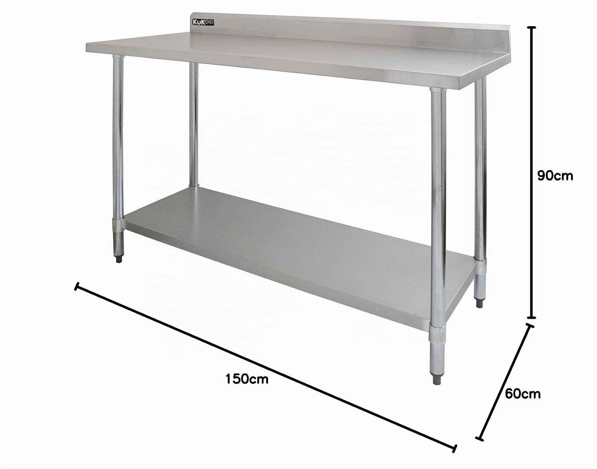 Kukoo Mesa de trabajo de acero inoxidable para gastronomía, 90 x 150 x 60 cm, capacidad de carga de 250 kg, acero inoxidable