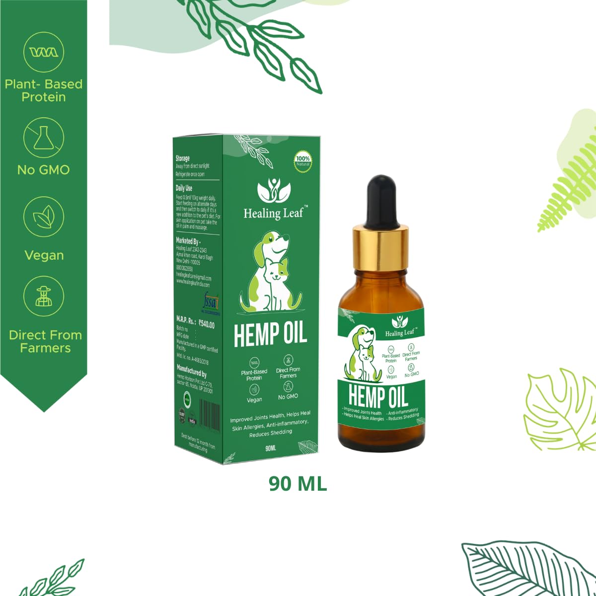 Healing Leaf Hemp Seed Oil Dogs Cats Anxiety Pain Relief Stress Calming, 90ml - Anti Inflammatory Pet Joints Massage Oil - Skin, Coat Health Care 1