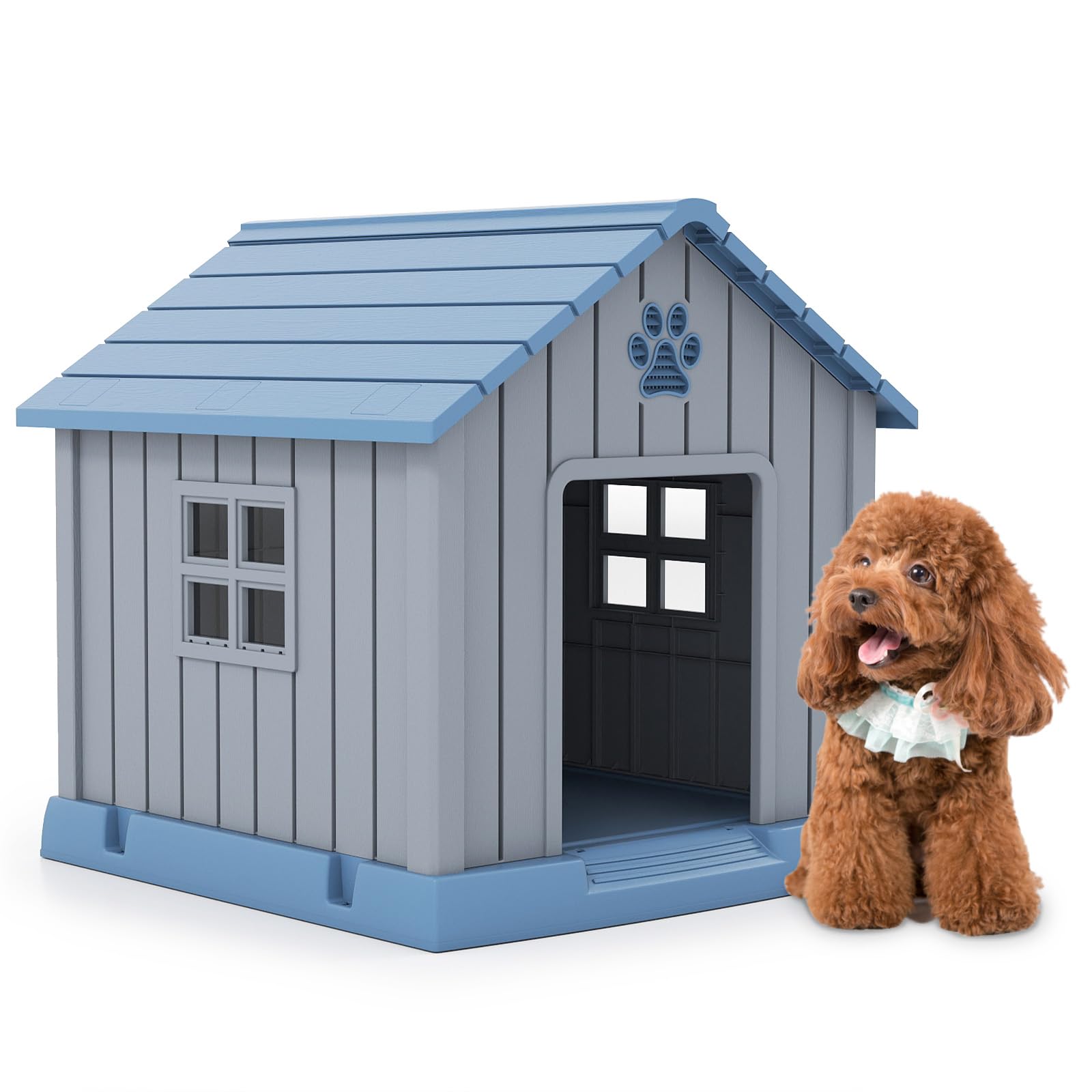 COSTWAY Caseta Perro Grande, 76x83x83 cm, Casa de Perro Exterior con Rejillas de Ventilaciones y Base Elevado, Refugio Impermeable Aislado para Mascotas Pequeños y Medianos Interior y Exterior, Azul