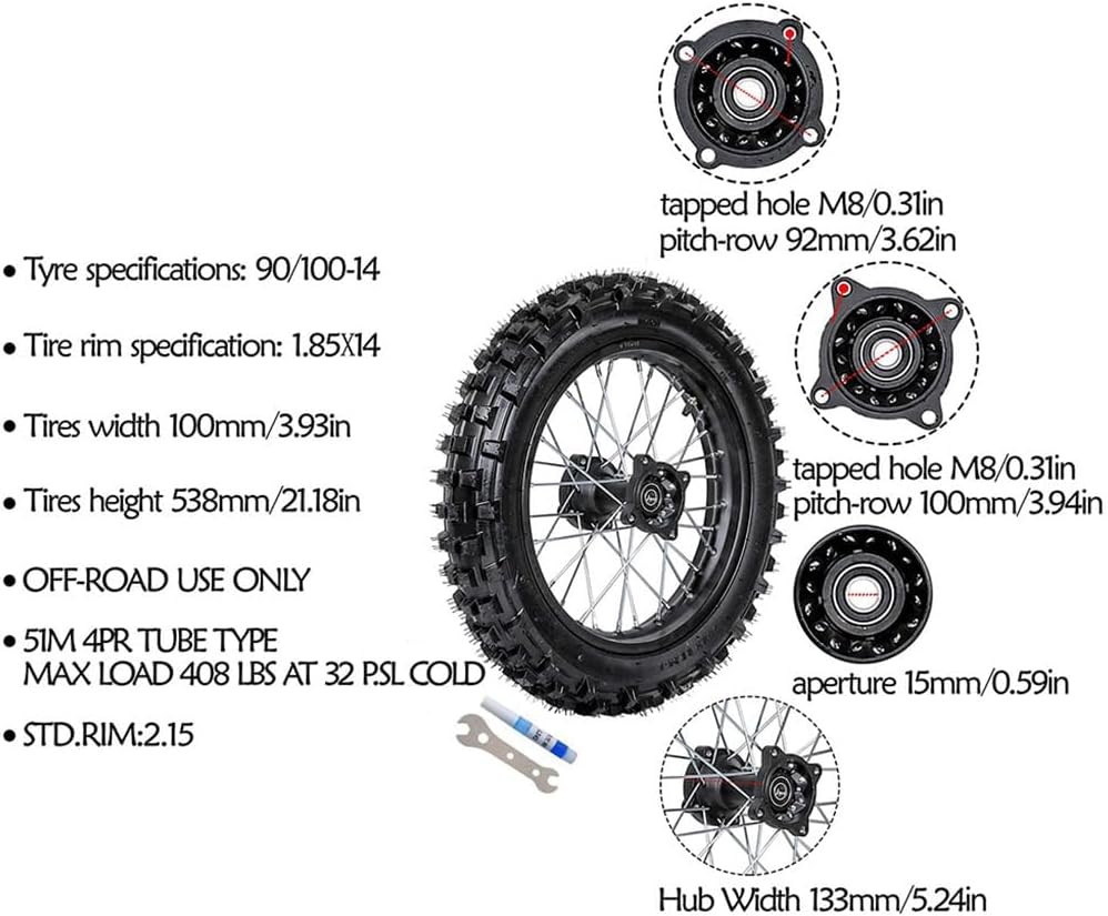90/100-14 Rear Dirt Bike Wheel Tire & Rim with Inner Tube and 15mm Bearing for 110cc-160cc Pit Bikes, Off-Road Motorcycle, Apollo, SSR, KLX, Coolster 125-160cc