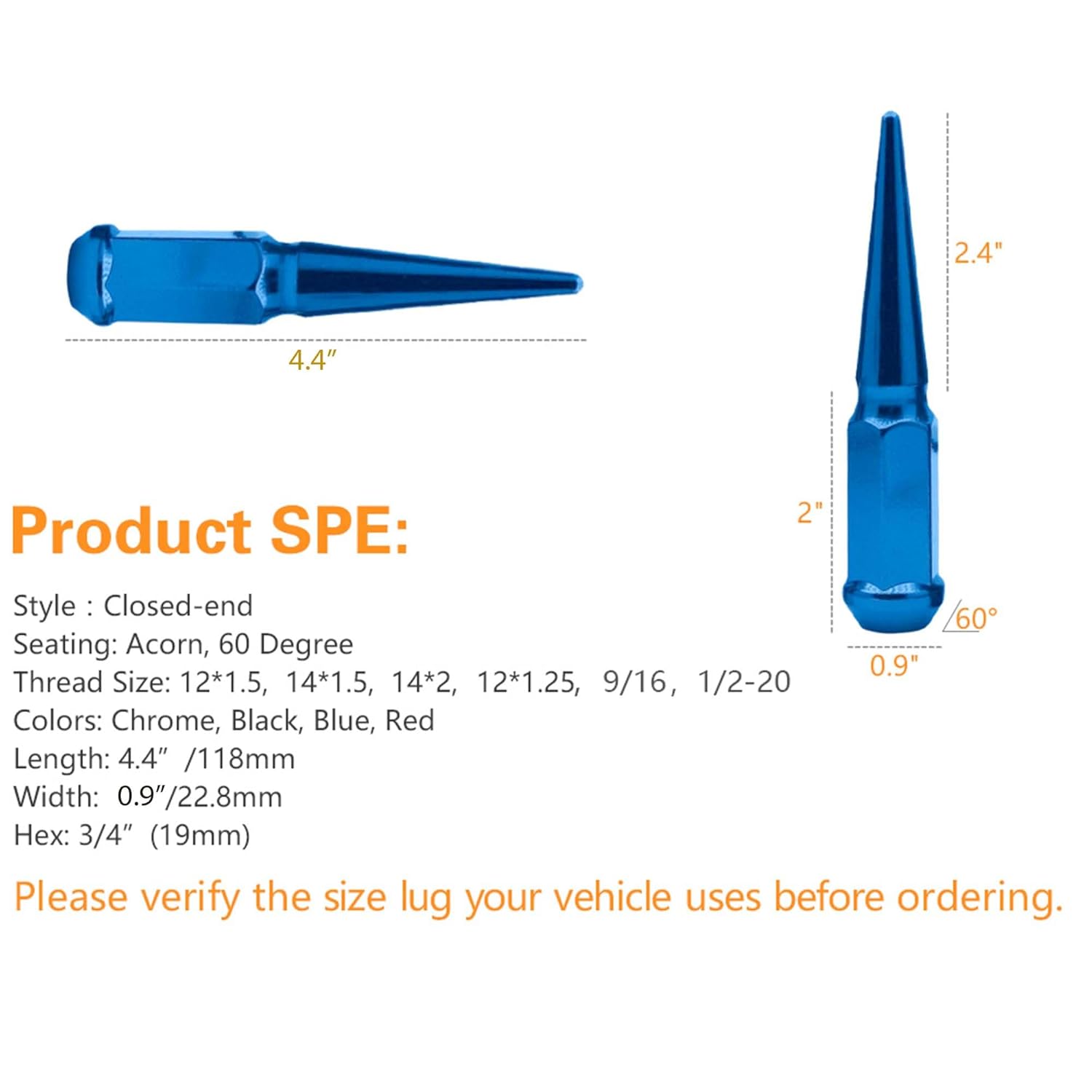 24pc Spike Lug Nut 14x2 Blue 4.4" Tall Offroad Extended Metal Lugs Premium, 1 Socket Key Included