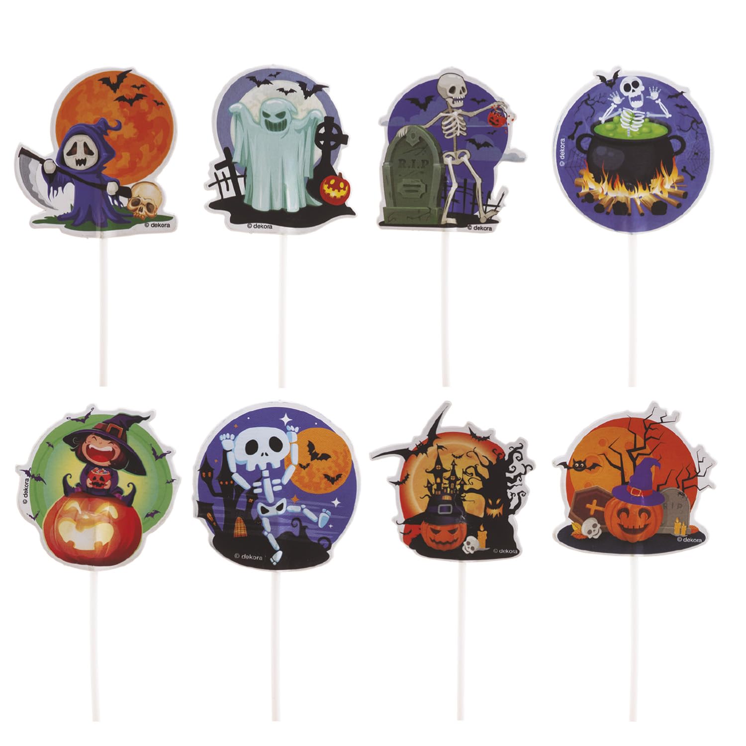 dekora - Halloween Cake Topper Calaveras Catrinas, 48 paper skewers to decorate cupcakes, muffins, cakes or pastries, 8 designs, 6,5cm, Halloween Party Decoration