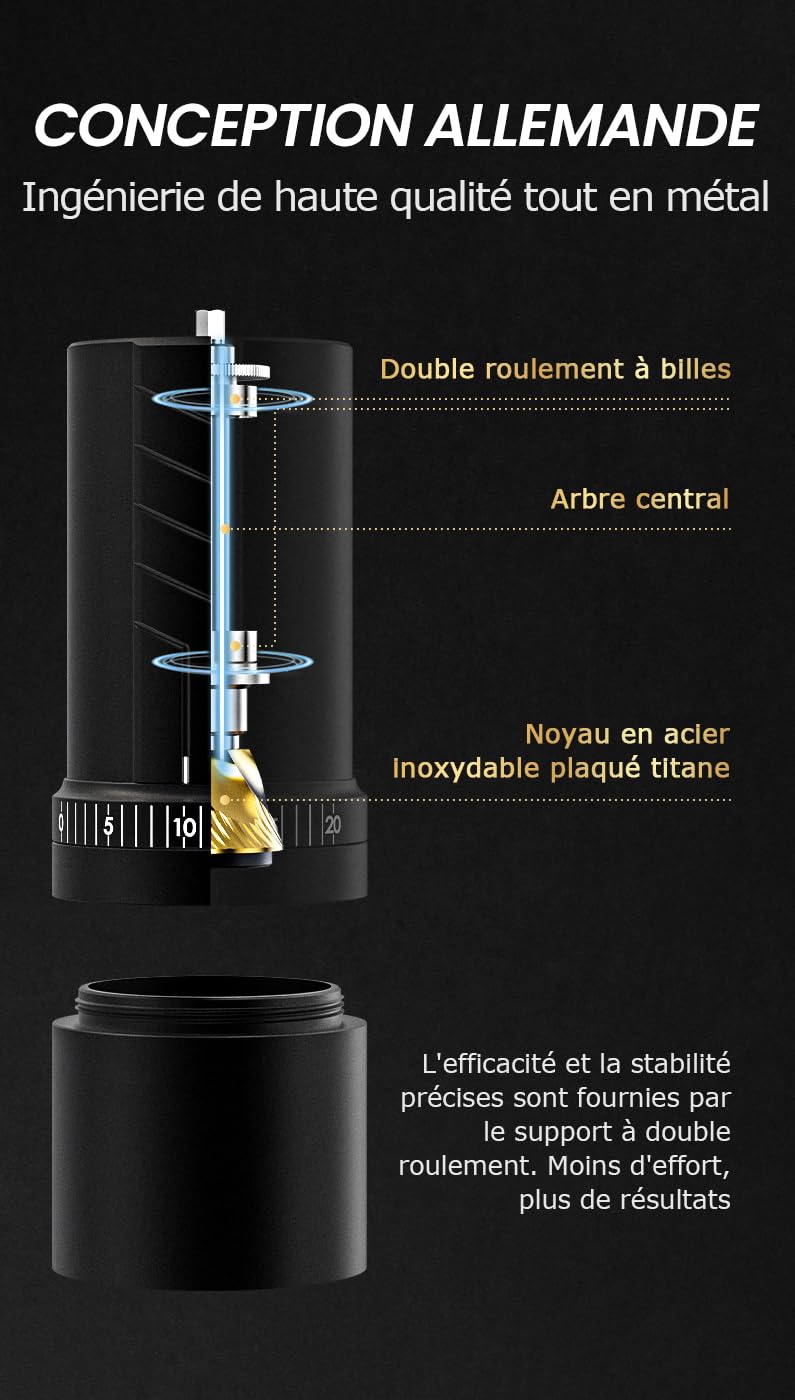 Vevok Chef Moulin à café manuel O20 – 20 niveaux de réglage externe, capacité de 35 g avec étui de voyage et équipement de nettoyage, broyage constant en acier inoxydable tii-plaqué moulin à café