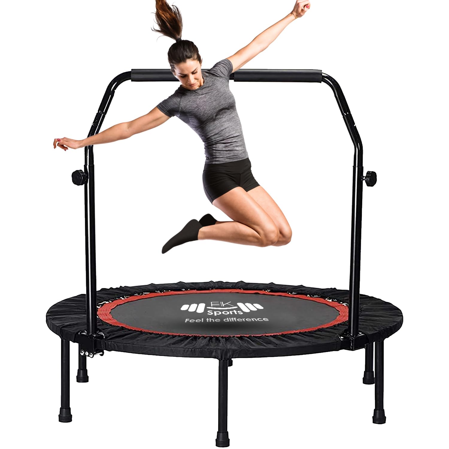 FK Sports 40"/48" Foldable Fitness Mini Trampoline, Rebounder Trampolines for Adults, Indoor Trampoline with Adjustable Handle for Body Exercise Workout, Max Load-140KG (48 With U Bar Handle)