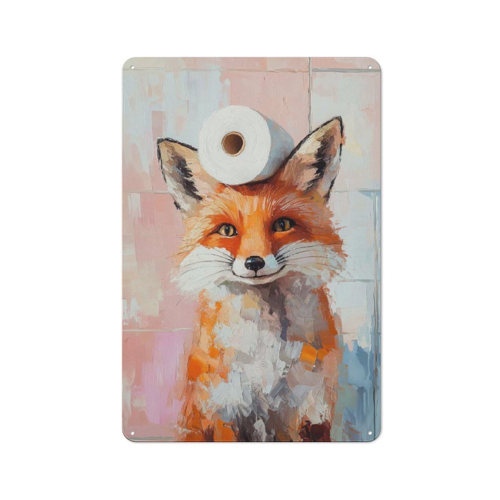 Junmoney Fox With Toilet Paper Bistro Style Decorative Metal Plaque 30X20cm, Bistro Wall Plaque For Tea Room, Shop Wall Or Breakfast Area