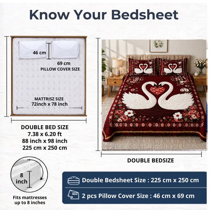 Image of Akshya Double Bedsheet King Size (90x100 Inch) with 2 Pillow Covers | 300 TC Microfiber Soft Bedsheet | Red Swan Printed Designer Bedsheet for Double Bed