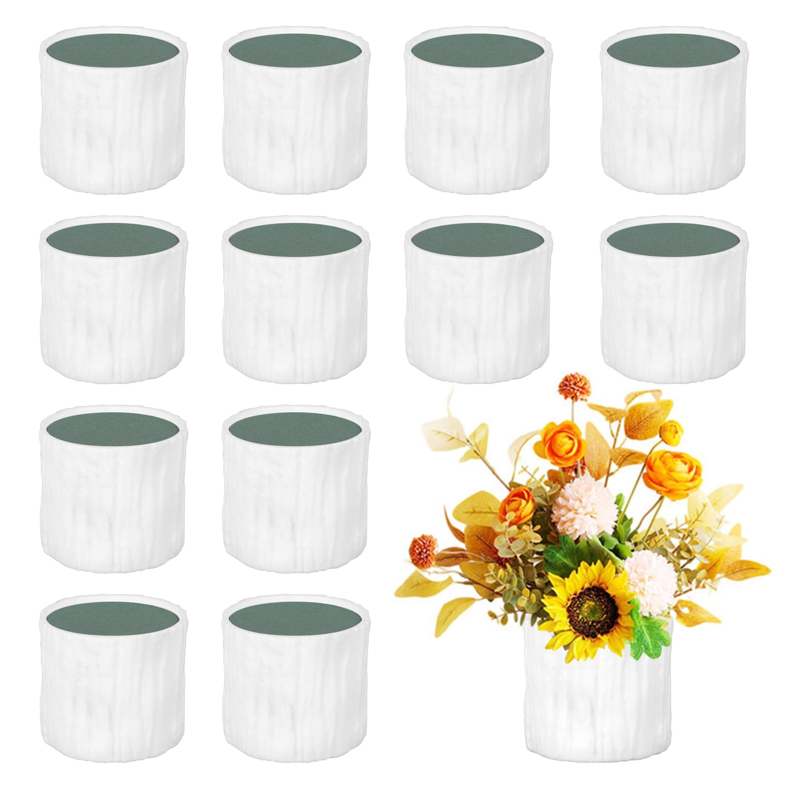 Vase rond blanc cylindrique en plastique aspect écorce blanche de 12cm avec mousse amovible