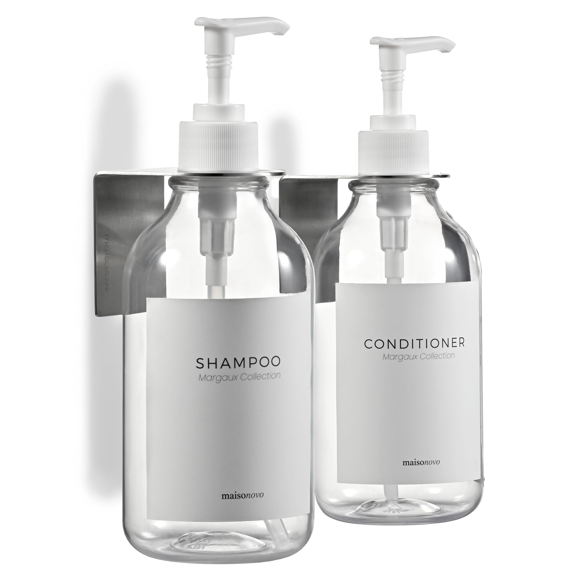 MaisoNovo Shampoo and Conditioner Dispenser - Set of 2 Shower Soap Dispensers Wall Mounted - 500ml Clear Plastic Bottles with White Pump - No Drill Shower Gel Dispenser