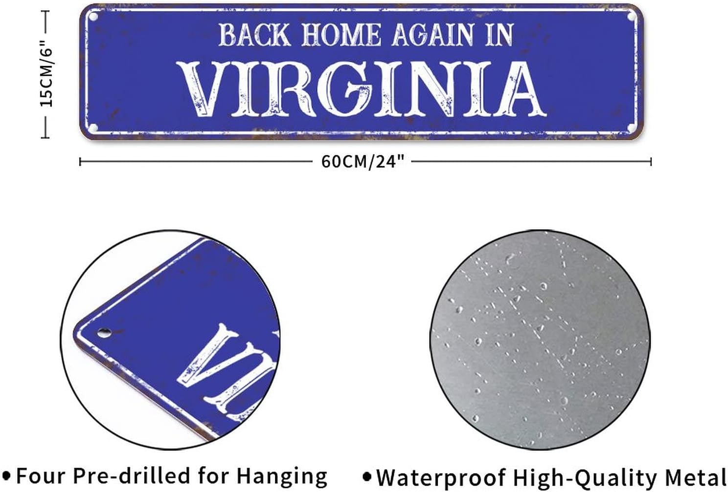 Back Home Again in Virginia Signs Virginia Metal Sign Rustic America State Home Navy Metal Wall Art Sweet Home Vintage Indoor & Outdoor Decor for Home Man Cave Gate Garden Bars Cafes 24x6in