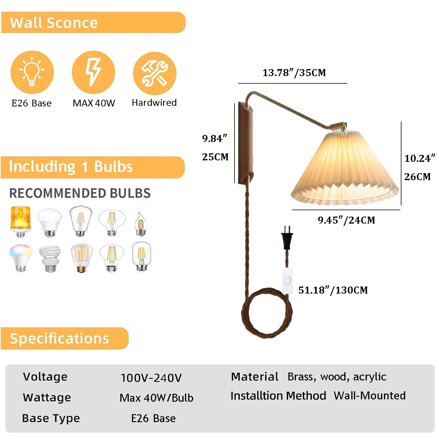 Generico Lampa ścienna z obrotowym ramieniem lampka do czytania z przewodem plisowany klosz Vintage drewniane regulowane mosiężne ramię do sypialni łóżko nocne salon