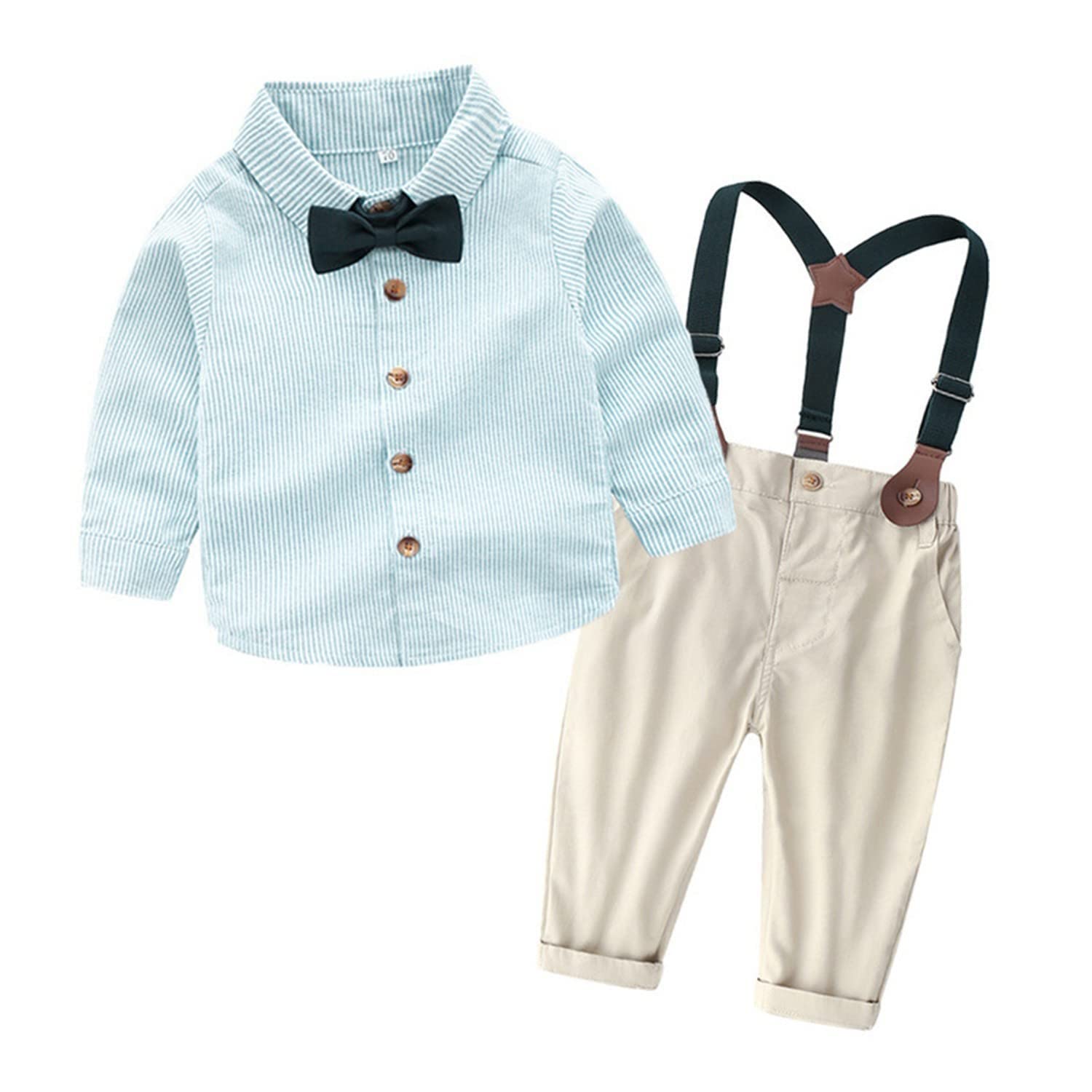 Volunboy Baby Jungen Anzug Set Bekleidung Hemd mit Fliege + Hosenträger Hosen Strampler Anzug(Größe 100,2-3 Jahre,Grün Streifen)