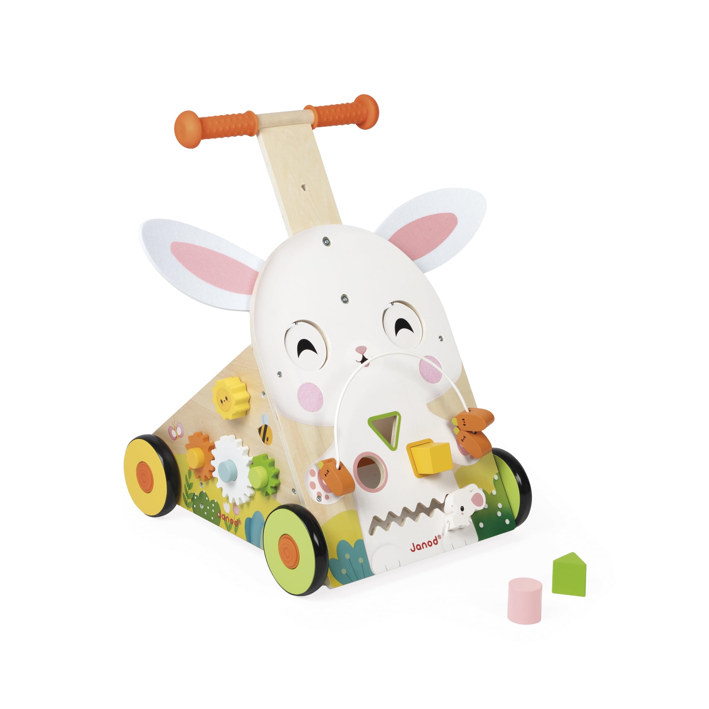 Janod - Chariot Multi-Activités Ferme - Chariot de Marche en Bois à Pousser - 9 Activités - Système Frein Breveté et Roues Silencieuses - Jouet d'Eveil pour Enfants Evolutif - Dès 12 Mois - J03326