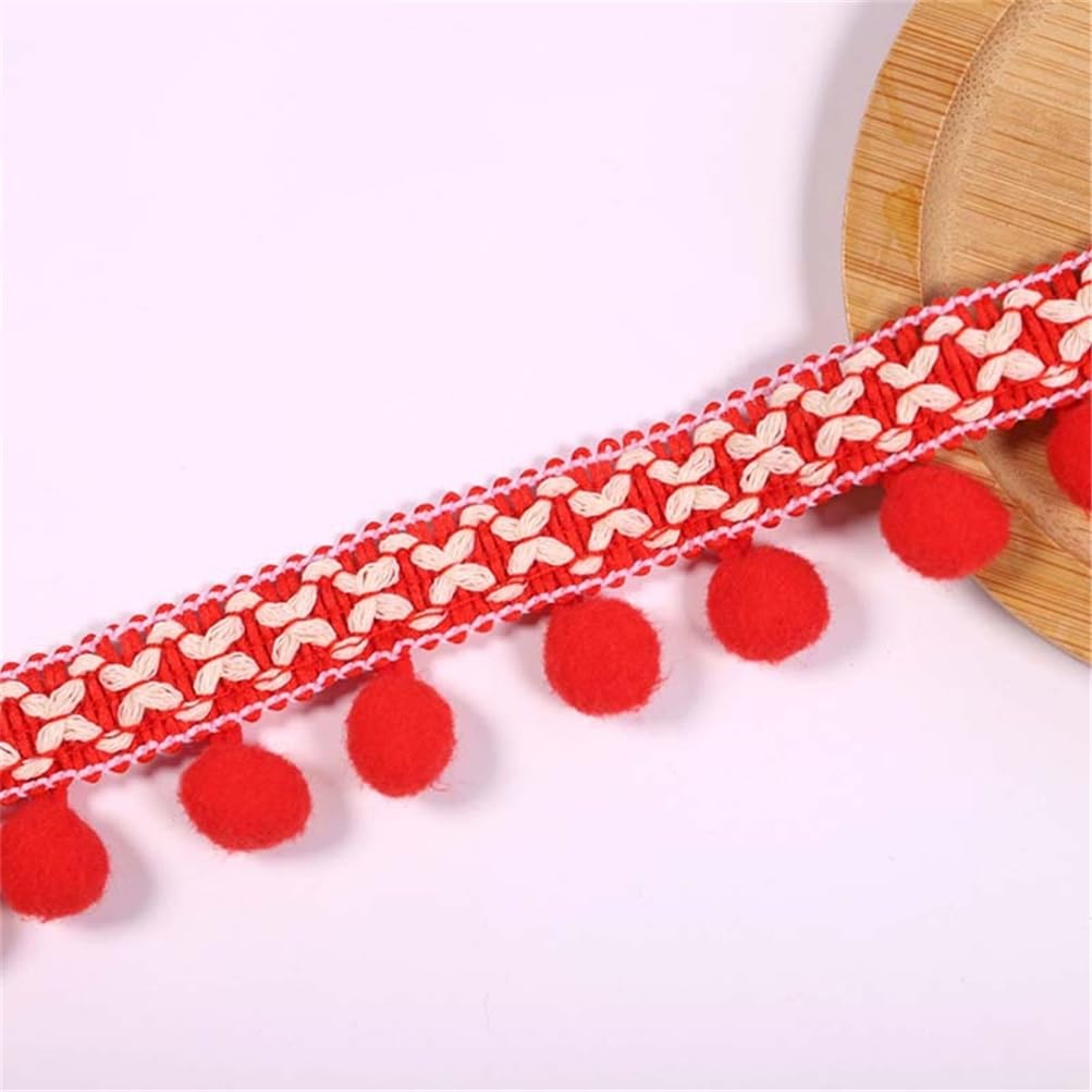 1 Yard 2.8 cm Colourful Pom Poms Tassel Border Pompom Trim Fringe Trim Pompom Ribbon Fringe Pom Pom Ribbon Bobble Fringe Lace Ribbon Tassel Trim Ribbon for Sewing (Red)