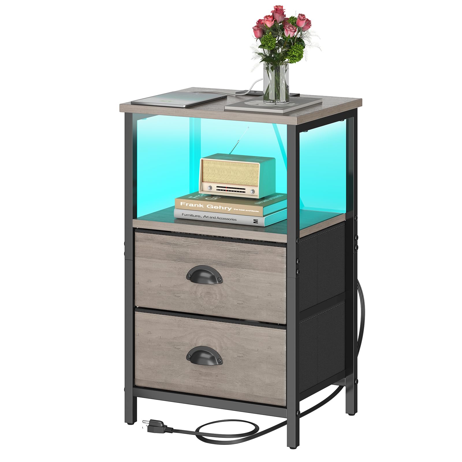 Mesita de noche con estación de carga, mesita de noche LED con 2 cajones de tela, mesa auxiliar gris con cajones, mesa auxiliar de almacenamiento de 2 niveles con cajones para dormitorio, gris