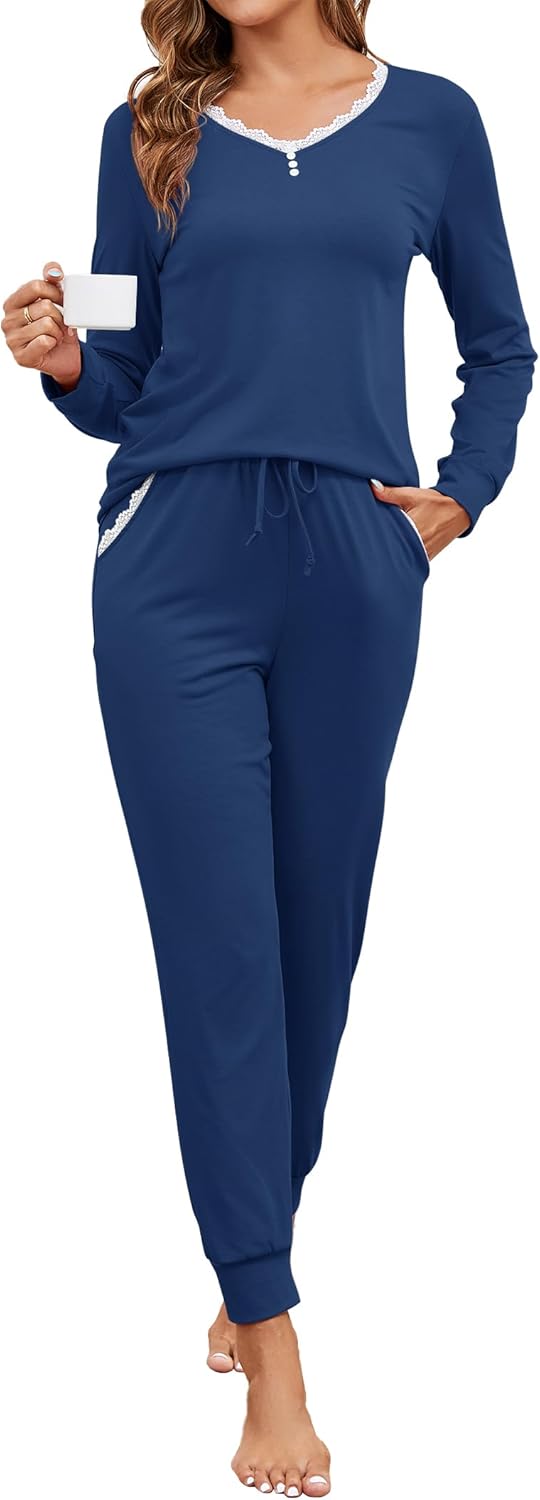 Soft Womens Pajama Sets Lace Lounge Sets V-neck 2 Piece Long Sleeve Top with Jogger Pants Loungewear Set with Pockets