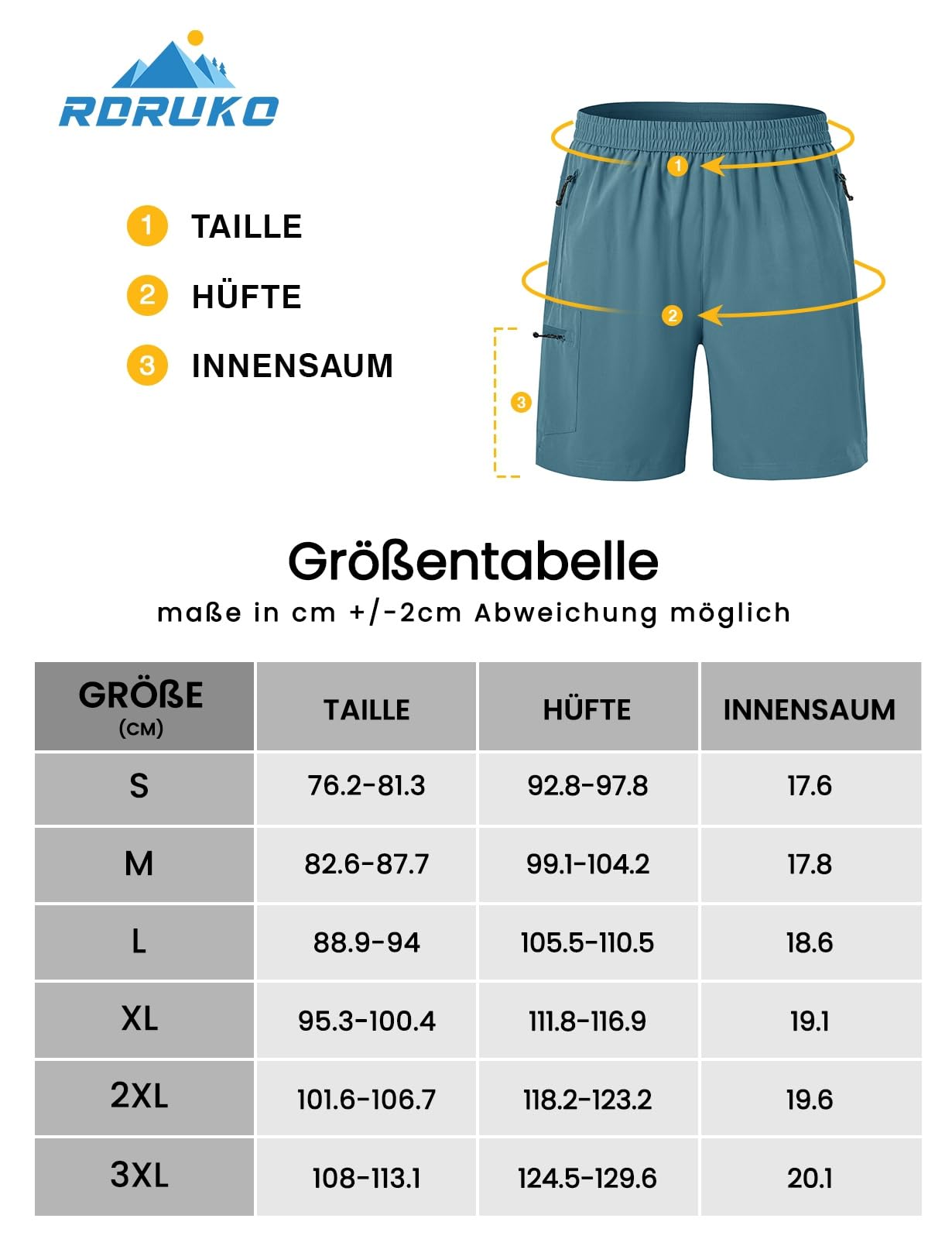 Rdruko Pantaloni corti da uomo, sportivi, elasticizzati, da trekking, estivi, ad asciugatura rapida, con 4 tasche con cerniera
