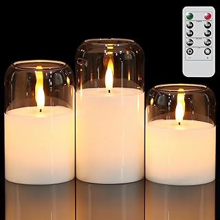GenSwin Glass Flameless Candles with Remote Timer, Clear Battery Operated Candles with Flickering Flame, Glass and Real Wax LED Pillar Candle for Halloween Christmas Home Decor(Set of 3, D3”x4”5”6”)