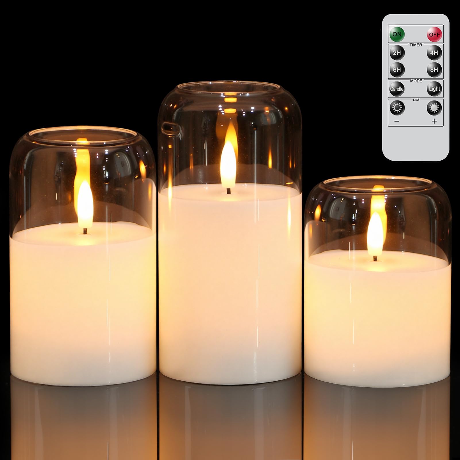 GenSwin Candele in vetro senza fiamma con timer remoto, candele trasparenti a batteria con fiamma tremolante, candela a colonna in vetro e vera cera a LED, per Halloween, Natale, decorazione della