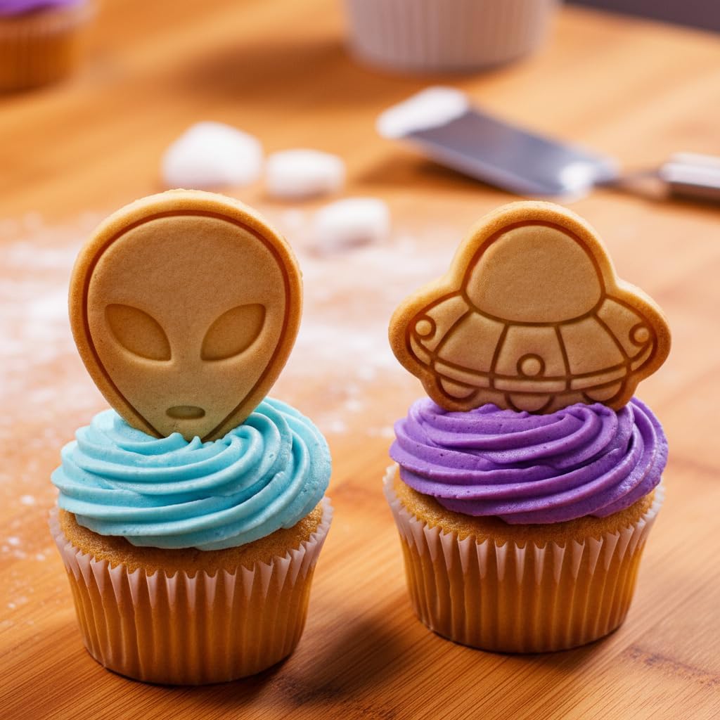 BAKERLOGY Extraterrestrial Greetings Mini Cookie Cutter & Stamp Set (Alien & UFO Designs) – Cute Sci-Fi Fondant Embossing Stamp Cutters for Space-Themed Baking, Cupcake Toppers & Galactic Treats