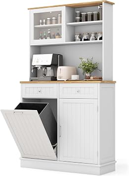 LOKO 68 Kitchen Pantry Cabinet with Trash Bin Cabinet, White & Natural