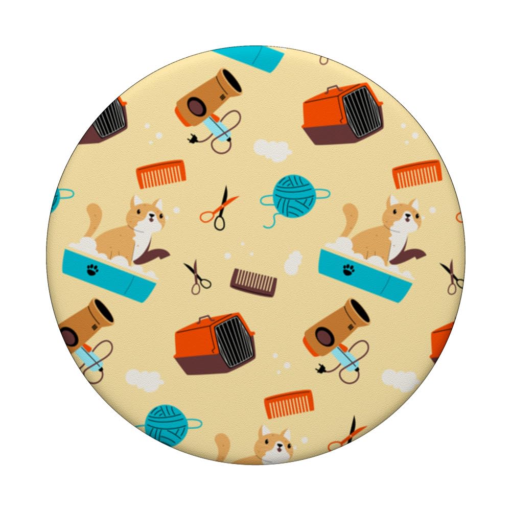 Cat Grooming Cute Color Pattern Graphic Background PopSockets Swappable PopGrip, Black - Image 3