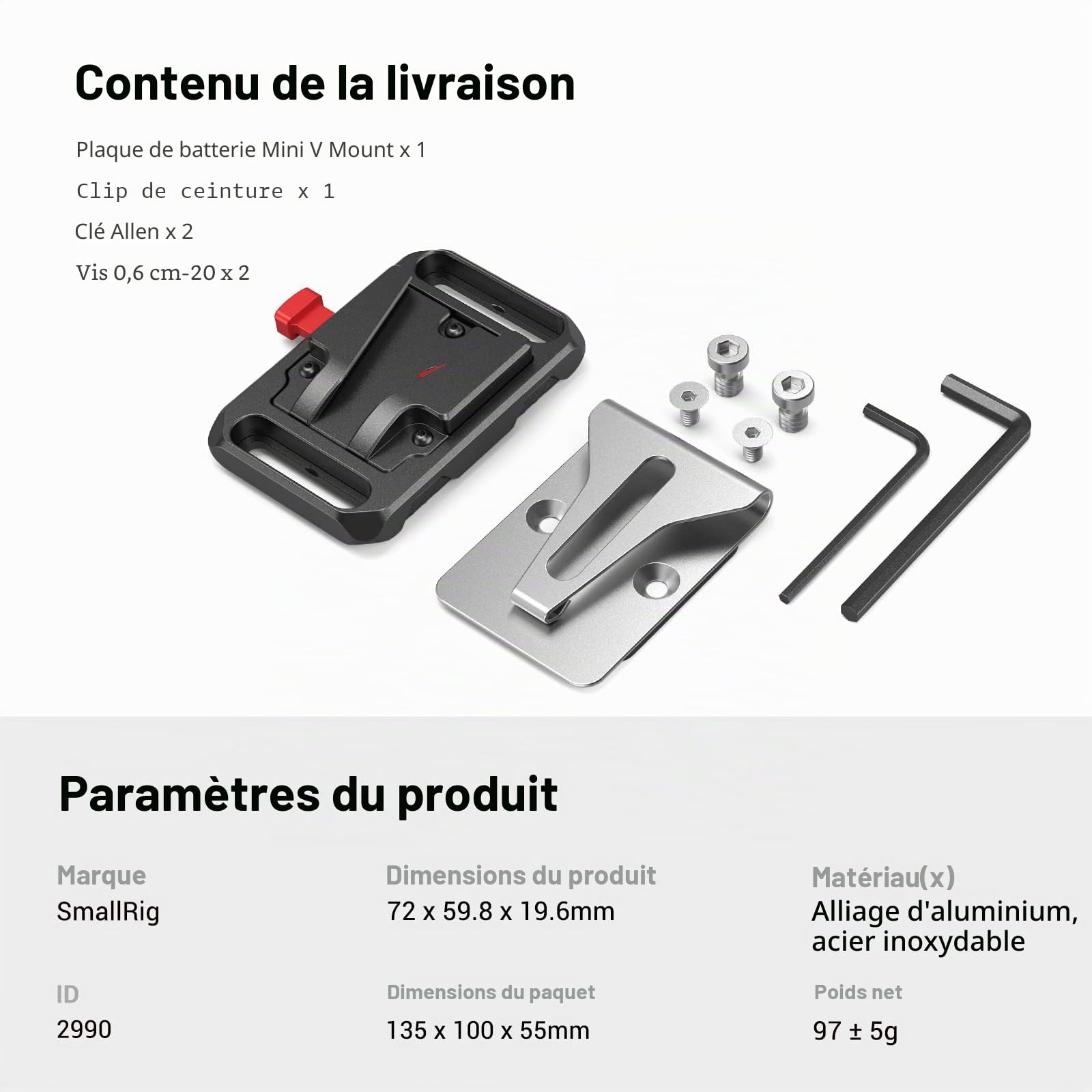 SMALLRIG Mini V Mount Battery Plate avec Clip de Ceinture - 2990
